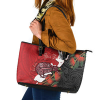Kiwi New Zealand Personalised Leather Tote Bag NZ Map Pohutukawa Fern Maori Pattern LT22 Red - Polynesian Pride