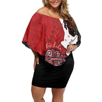 Kiwi New Zealand Personalised Off Shoulder Short Dress NZ Map Pohutukawa Fern Maori Pattern LT22 Women Red - Polynesian Pride