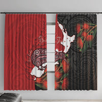 Kiwi New Zealand Personalised Window Curtain NZ Map Pohutukawa Fern Maori Pattern LT22 With Hooks Red - Polynesian Pride