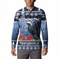New Zealand Tui Bird Christmas Button Sweatshirt Pohutukawa Xmas Tree Meri Kirihimete
