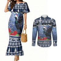 New Zealand Tui Bird Christmas Couples Matching Mermaid Dress and Long Sleeve Button Shirt Pohutukawa Xmas Tree Meri Kirihimete LT22 Blue - Polynesian Pride