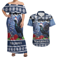 New Zealand Tui Bird Christmas Couples Matching Off Shoulder Maxi Dress and Hawaiian Shirt Pohutukawa Xmas Tree Meri Kirihimete LT22 Blue - Polynesian Pride