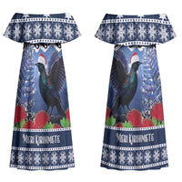 New Zealand Tui Bird Christmas Couples Matching Off Shoulder Maxi Dress and Hawaiian Shirt Pohutukawa Xmas Tree Meri Kirihimete LT22 - Polynesian Pride
