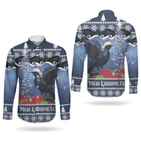 New Zealand Tui Bird Christmas Couples Matching Off Shoulder Maxi Dress and Long Sleeve Button Shirt Pohutukawa Xmas Tree Meri Kirihimete LT22 - Polynesian Pride
