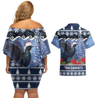 New Zealand Tui Bird Christmas Couples Matching Off Shoulder Short Dress and Hawaiian Shirt Pohutukawa Xmas Tree Meri Kirihimete
