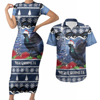 New Zealand Tui Bird Christmas Couples Matching Short Sleeve Bodycon Dress and Hawaiian Shirt Pohutukawa Xmas Tree Meri Kirihimete LT22 Blue - Polynesian Pride