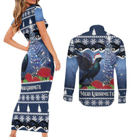 New Zealand Tui Bird Christmas Couples Matching Short Sleeve Bodycon Dress and Long Sleeve Button Shirt Pohutukawa Xmas Tree Meri Kirihimete LT22 - Polynesian Pride