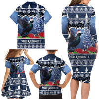 New Zealand Tui Bird Christmas Family Matching Long Sleeve Bodycon Dress and Hawaiian Shirt Pohutukawa Xmas Tree Meri Kirihimete LT22 Mom's Dress Blue - Polynesian Pride