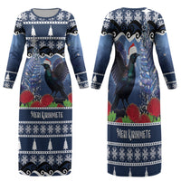 New Zealand Tui Bird Christmas Family Matching Long Sleeve Bodycon Dress and Hawaiian Shirt Pohutukawa Xmas Tree Meri Kirihimete LT22 Mom's Dress Blue - Polynesian Pride