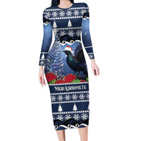 New Zealand Tui Bird Christmas Family Matching Long Sleeve Bodycon Dress and Hawaiian Shirt Pohutukawa Xmas Tree Meri Kirihimete