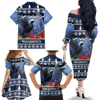 New Zealand Tui Bird Christmas Family Matching Off The Shoulder Long Sleeve Dress and Hawaiian Shirt Pohutukawa Xmas Tree Meri Kirihimete LT22 Mom's Dress Blue - Polynesian Pride