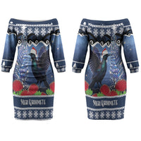New Zealand Tui Bird Christmas Family Matching Off The Shoulder Long Sleeve Dress and Hawaiian Shirt Pohutukawa Xmas Tree Meri Kirihimete LT22 Mom's Dress Blue - Polynesian Pride