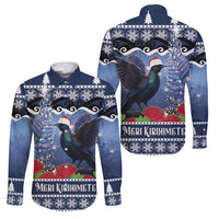 New Zealand Tui Bird Christmas Family Matching Off The Shoulder Long Sleeve Dress and Hawaiian Shirt Pohutukawa Xmas Tree Meri Kirihimete LT22 Dad's Shirt - Long Sleeve Blue - Polynesian Pride