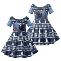 New Zealand Tui Bird Christmas Family Matching Off The Shoulder Long Sleeve Dress and Hawaiian Shirt Pohutukawa Xmas Tree Meri Kirihimete LT22 Daughter's Dress Blue - Polynesian Pride