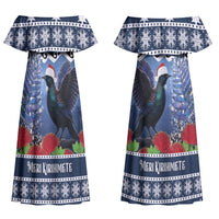 New Zealand Tui Bird Christmas Family Matching Off Shoulder Maxi Dress and Hawaiian Shirt Pohutukawa Xmas Tree Meri Kirihimete LT22 Mom's Dress Blue - Polynesian Pride