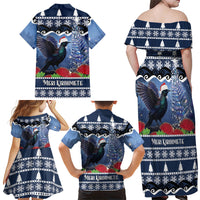 New Zealand Tui Bird Christmas Family Matching Off Shoulder Maxi Dress and Hawaiian Shirt Pohutukawa Xmas Tree Meri Kirihimete
