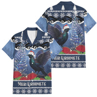 New Zealand Tui Bird Christmas Family Matching Off Shoulder Maxi Dress and Hawaiian Shirt Pohutukawa Xmas Tree Meri Kirihimete LT22 Dad's Shirt - Short Sleeve Blue - Polynesian Pride
