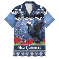 New Zealand Tui Bird Christmas Family Matching Off Shoulder Short Dress and Hawaiian Shirt Pohutukawa Xmas Tree Meri Kirihimete LT22 Dad's Shirt - Short Sleeve Blue - Polynesian Pride
