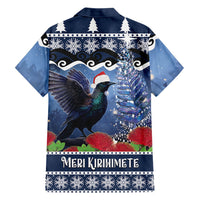 New Zealand Tui Bird Christmas Family Matching Off Shoulder Short Dress and Hawaiian Shirt Pohutukawa Xmas Tree Meri Kirihimete LT22 Dad's Shirt - Long Sleeve Blue - Polynesian Pride