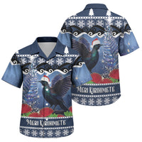 New Zealand Tui Bird Christmas Family Matching Off Shoulder Short Dress and Hawaiian Shirt Pohutukawa Xmas Tree Meri Kirihimete LT22 Son's Shirt Blue - Polynesian Pride