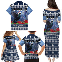 New Zealand Tui Bird Christmas Family Matching Puletasi and Hawaiian Shirt Pohutukawa Xmas Tree Meri Kirihimete LT22 Mom's Dress Blue - Polynesian Pride