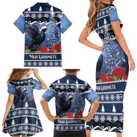 New Zealand Tui Bird Christmas Family Matching Short Sleeve Bodycon Dress and Hawaiian Shirt Pohutukawa Xmas Tree Meri Kirihimete LT22 Mom's Dress Blue - Polynesian Pride