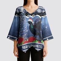 New Zealand Tui Bird Christmas Kimono Sleeve Blouse Pohutukawa Xmas Tree Meri Kirihimete