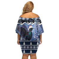 New Zealand Tui Bird Christmas Off Shoulder Short Dress Pohutukawa Xmas Tree Meri Kirihimete