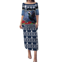 New Zealand Tui Bird Christmas Puletasi Pohutukawa Xmas Tree Meri Kirihimete LT22 Long Dress Blue - Polynesian Pride