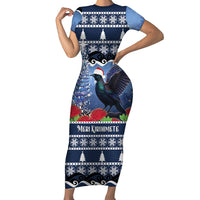 New Zealand Tui Bird Christmas Short Sleeve Bodycon Dress Pohutukawa Xmas Tree Meri Kirihimete