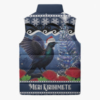 New Zealand Tui Bird Christmas Sleeveless Puffer Jacket Pohutukawa Xmas Tree Meri Kirihimete