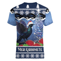 New Zealand Tui Bird Christmas Women V-Neck T-Shirt Pohutukawa Xmas Tree Meri Kirihimete