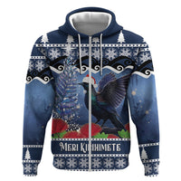 New Zealand Tui Bird Christmas Zip Hoodie Pohutukawa Xmas Tree Meri Kirihimete