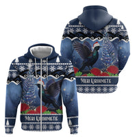 New Zealand Tui Bird Christmas Zip Hoodie Pohutukawa Xmas Tree Meri Kirihimete