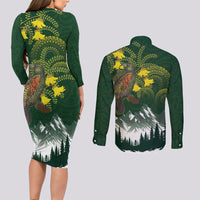Kea Bird Kowhai New Zealand Couples Matching Long Sleeve Bodycon Dress and Long Sleeve Button Shirt Mountain Landscape Maori Art