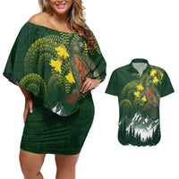 Kea Bird Kowhai New Zealand Couples Matching Off Shoulder Short Dress and Hawaiian Shirt Mountain Landscape Maori Art