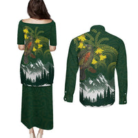 Kea Bird Kowhai New Zealand Couples Matching Puletasi and Long Sleeve Button Shirt Mountain Landscape Maori Art