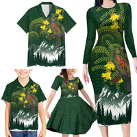 Kea Bird Kowhai New Zealand Family Matching Long Sleeve Bodycon Dress and Hawaiian Shirt Mountain Landscape Maori Art