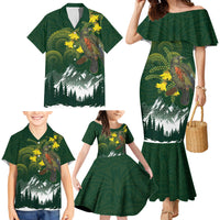 Kea Bird Kowhai New Zealand Family Matching Mermaid Dress and Hawaiian Shirt Mountain Landscape Maori Art
