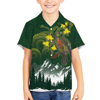 Kea Bird Kowhai New Zealand Family Matching Off Shoulder Short Dress and Hawaiian Shirt Mountain Landscape Maori Art