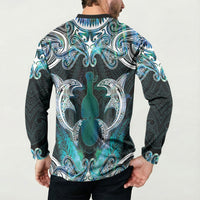 New Zealand Kotiate Weapon Button Sweatshirt Aotearoa Mango Paua Shell Maori Pattern