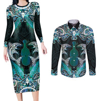 New Zealand Kotiate Weapon Couples Matching Long Sleeve Bodycon Dress and Long Sleeve Button Shirt Aotearoa Mango Paua Shell Maori Pattern