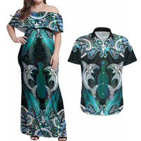 New Zealand Kotiate Weapon Couples Matching Off Shoulder Maxi Dress and Hawaiian Shirt Aotearoa Mango Paua Shell Maori Pattern