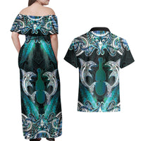 New Zealand Kotiate Weapon Couples Matching Off Shoulder Maxi Dress and Hawaiian Shirt Aotearoa Mango Paua Shell Maori Pattern