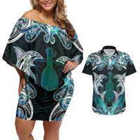New Zealand Kotiate Weapon Couples Matching Off Shoulder Short Dress and Hawaiian Shirt Aotearoa Mango Paua Shell Maori Pattern