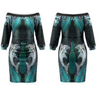 New Zealand Kotiate Weapon Couples Matching Off The Shoulder Long Sleeve Dress and Hawaiian Shirt Aotearoa Mango Paua Shell Maori Pattern LT22 - Polynesian Pride