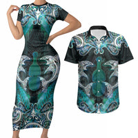 New Zealand Kotiate Weapon Couples Matching Short Sleeve Bodycon Dress and Hawaiian Shirt Aotearoa Mango Paua Shell Maori Pattern LT22 Blue - Polynesian Pride
