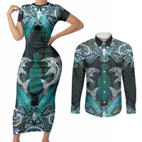 New Zealand Kotiate Weapon Couples Matching Short Sleeve Bodycon Dress and Long Sleeve Button Shirt Aotearoa Mango Paua Shell Maori Pattern LT22 Blue - Polynesian Pride