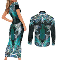 New Zealand Kotiate Weapon Couples Matching Short Sleeve Bodycon Dress and Long Sleeve Button Shirt Aotearoa Mango Paua Shell Maori Pattern LT22 - Polynesian Pride