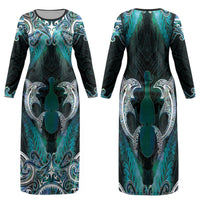 New Zealand Kotiate Weapon Family Matching Long Sleeve Bodycon Dress and Hawaiian Shirt Aotearoa Mango Paua Shell Maori Pattern LT22 Mom's Dress Blue - Polynesian Pride